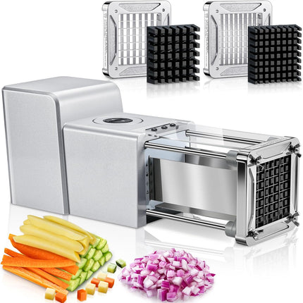 French Fry Cutter Electric Potato Cutter Stainless Steel with 1/2 & 3/8 Inch Blades for Potatoes, Carrots, Cucumbers & Onions.