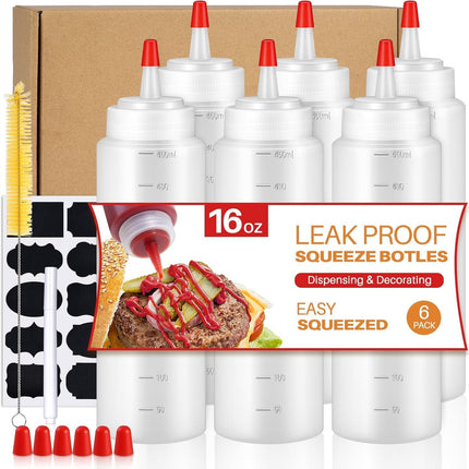 Squeeze Bottles, 16oz Leak-Proof Wide Mouth Condiment Squeeze Bottles for Liquids Sauces Ketchup Oil, 6 Pack.