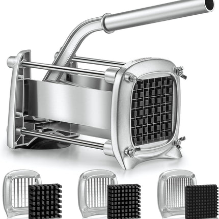Professional Stainless Steel French Fry Cutter, 3 Blades (1/2", 3/8", 1/4") for Potatoes, Carrots, Apples, Commercial & Home Use.