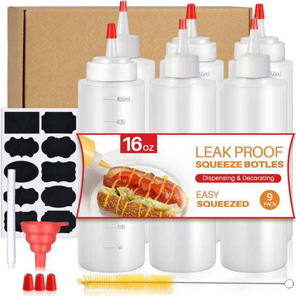 Squeeze Bottles, 16oz Leak-Proof Wide Mouth Condiment Squeeze Bottles for Liquids Sauces Ketchup Oil, 9 Pack.