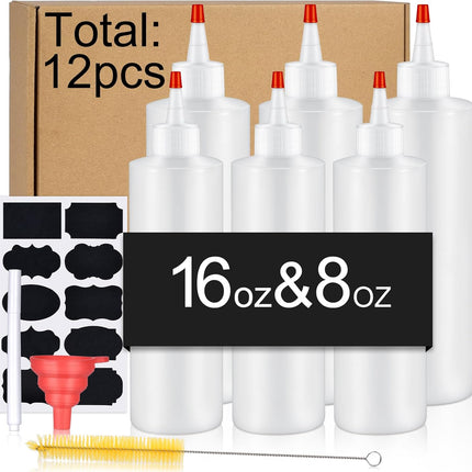 12PCS Squeeze Bottles, 16 & 8 OZ Plastic Sauce Squeeze Bottle Set with Labels & Silicone Funnels for Liquids and Paint, Reusable, Translucent.