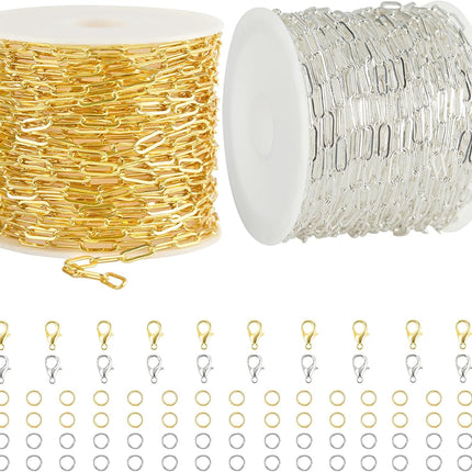 2 Rolls Paperclip Chain for Jewelry Making 32.8 Feet Jewelry Chain Links Silver and Gold Chains Bulk with Lobster Clasps and Jump Rings for DIY Craft Finding Jewelry Making Supplies.
