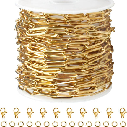 16.4 Feet Gold PVD Plated Chains for Jewelry Making 4MM Paperclip Chain Link on Roll Stainless Steel Chain Bulk with Lobster Clasps and Jump Rings for Women Men Necklace Making Supplies.