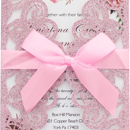 50Pcs Wedding Invitations with Envelopes and Rsvp Cards Pink Glitter Laser Cut Invitations with Pink Ribbons for Engagement Brithday Quinceanera Invites.