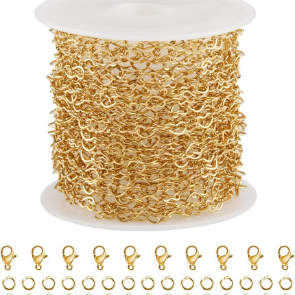 16.4 Feet Hollow Heart Chain Roll Gold Plated Stainless Steel Jewelry Making Chain with Clasps for Handcrafts DIY.