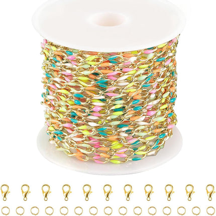 13 Feet Colorful Chains for Jewelry Making Rainbow Oil Drip Chain Bulk on Spool Gold Plated Brass Chain Enamel Jewelry Chain Roll with Clasps for DIY Jewelry Making Supplies.