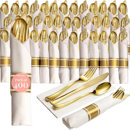 400 Pieces Gold Silverware Set for 100 Guests - Premium Pre Rolled Disposable Plastic Silverware Set with Napkins - Wrapped Utensils with Forks, Knives, Spoons, Napkins for Weddings and Events.