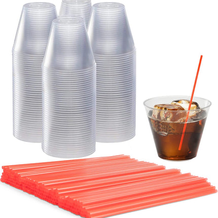 Plastic Cups & Stirrers Bundle: 200 Clear 9oz Plastic Cups and 2000 Pack Plastic Coffee & Cocktail Stirrers.