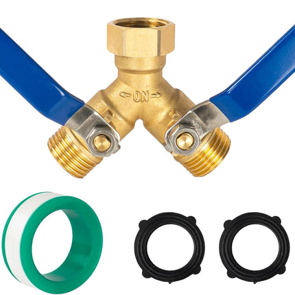 Brass Garden Hose Splitter, Y Valve Splitter with Stainless Steel Long Handle, Heavy Duty 2 Way 3/4" GHT Thread Water Garden Hose Adapter.