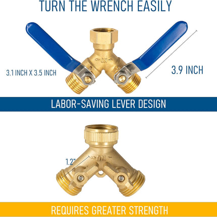 Brass Garden Hose Splitter, Y Valve Splitter with Stainless Steel Long Handle, Heavy Duty 2 Way 3/4" GHT Thread Water Garden Hose Adapter.