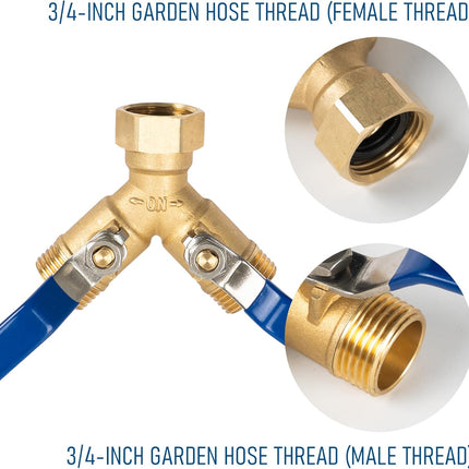 Brass Garden Hose Splitter, Y Valve Splitter with Stainless Steel Long Handle, Heavy Duty 2 Way 3/4" GHT Thread Water Garden Hose Adapter.