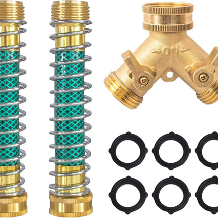 2 Way Hose Splitter, 3/4" Brass Hose Y Splitter with 2 PCS Garden Hose Extension Hose Coiled Spring Protectors and 6 Rubber Washers.