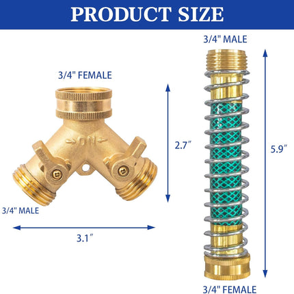 2 Way Hose Splitter, 3/4" Brass Hose Y Splitter with 2 PCS Garden Hose Extension Hose Coiled Spring Protectors and 6 Rubber Washers.