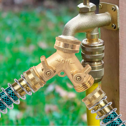 2 Way Hose Splitter, 3/4" Brass Hose Y Splitter with 2 PCS Garden Hose Extension Hose Coiled Spring Protectors and 6 Rubber Washers.