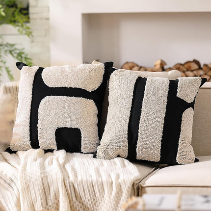 2 Pcs Black and White Tufted Pillow Covers Boho Chunky Geometric Decorative Throw Pillow Case 18 x 18 Inches Abstract Pillowcases for Bed Couch(White, Black, Classic Style).