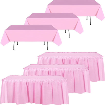 6 Pcs Plastic Table Skirts and Stainproof Table Cloths 54 x 108 in Plastic Tablecloth 168 x 29 Inches Disposable for Wedding Baby Shower Valentine Spring Easter Party(Pink).
