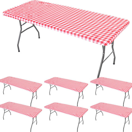 6 Pcs Tablecloth for Folding Fitted Rectangular Table Cloth 30 x 72 Inch Vinyl Waterproof Plastic Table Cover Flannel Backed with Elastic Rim for Indoor Outdoor Picnic Party (Red and White Grid).