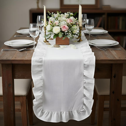 White Ruffle Table Runner Cotton Fabric 118 x 13.8'' Farmhouse Rustic Ruffled Edge Table Runner Wedding Decor for Spring Baby Shower Bridal Shower Party.