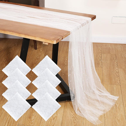 8 Pack 29.5 x 120 Inch 10 ft Pearl Table Runner Tulle Fabric Lace Boho Glitter Tablecloth Table Runners for Bridal Shower Birthday Wedding Party Decorations and Supplies(White).