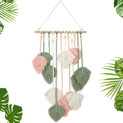 Large Macrame Wall Hanging Leaves Boho Green Leaf Macrame Tapestry Decor Leaf Feather Woven Hanging Wall Art Bohemian Decoration for Bedroom Living Room Nursery 16.5 x 35.4 Inch(Pink).
