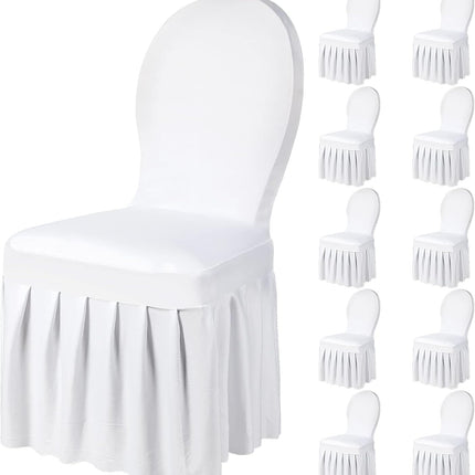 10 Pcs White Chair Covers with Skirt Spandex Chair Slip Covers Wedding Long Stretch Protectors Removable and Washable for Dining Chairs Hotel and Wedding Ceremony.