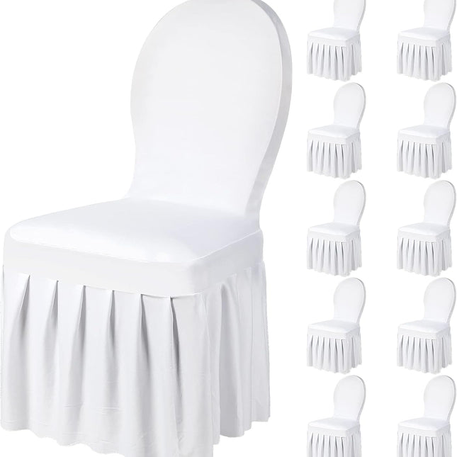 10 Pcs White Chair Covers with Skirt Spandex Chair Slip Covers Wedding Long Stretch Protectors Removable and Washable for Dining Chairs Hotel and Wedding Ceremony.