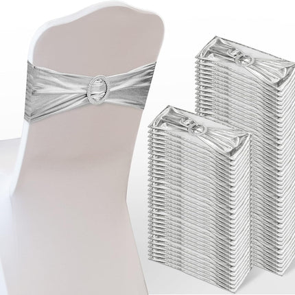 120 Pieces Spandex Chair Sashes with Buckle Stretch Chair Cover Bands Bows for Wedding Hotel Banquet Events Decorations Sashes(Silver).
