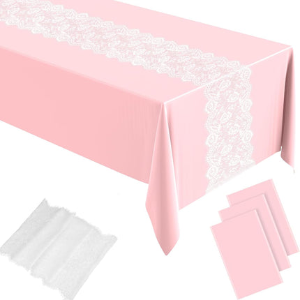 6 Pcs Plastic Tablecloth Disposable Rectangular Tablecloth 54 x 108 Inch Tea Party Table Cover Lace Table Runner for Wedding Birthday Baby Shower Anniversary Decoration (Pink).