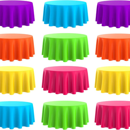Round Tablecloth 84 Inch Premium Plastic Table Cloth Disposable Table Covers Waterproof Tablecloths for Party Dinner Birthday Camping Picnic (Bright Color, 12 Pack).