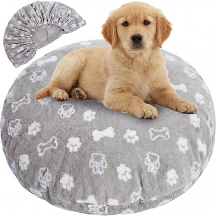 Washable Round Dog Bed Cover 30 x 30 x 10 Gray Paw Bone Prints Waterproof Dog Bed Cover Replacement for Round and Donut Dogs Beds Scratch Resistant Mattress Protector.