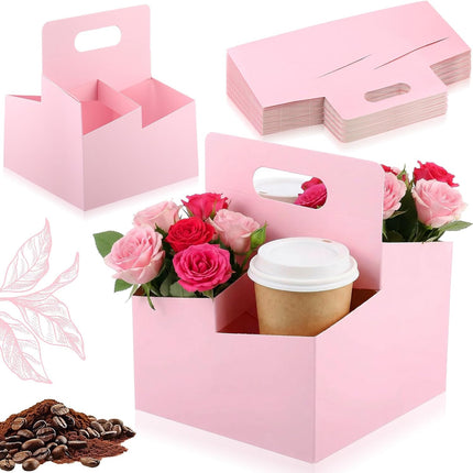 50 Pcs 4 Cup Pink Drink Carrier with Handle, Kraft Paperboard Disposable Cup Holder, Food Delivery Accessories for Mother's Day Hot/cold Drinks, to Go Coffee Drink Holder for Flower Gifts.