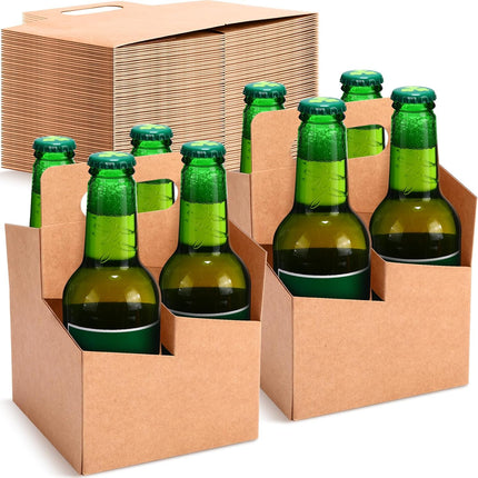 50 Pcs 4 Cup Drink Carrier with Handle, Kraft Paperboard Beer Carrier, Disposable Drink Holder for Hot or Cold Drinks, 12-16 oz Bottle Holder for Food Delivery Beverages (Brown).