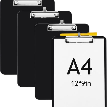 4 Pcs Black Clipboards with Pen Holder 12 x 9 Inch with Profile Clip Standard A4 Letter Size Holds 100 Sheets Plastic Board with Metal Clip and Pen Holder for School Students Office Work.