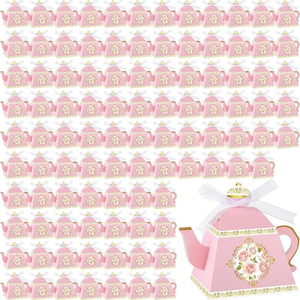 100 Pcs Teapot Candy Box Floral Flower Tea Party Favor Gift Box Candy Boxes for Tea Garden Wedding Favors Bridal Showers Brunches Birthdays Decorations(Pink).