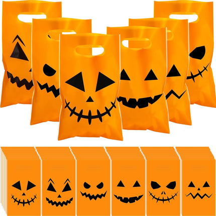 480 Pcs Fall Thanksgiving Plastic Pumpkin Gift Bags Halloween Trick or Treat Candy Goodies Jack O Tote Bags with Handle Party Decoration Favor Supplies.