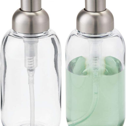 Round Plastic Refillable Liquid Soap Dispenser Pump Bottle for Bathroom Vanity Countertop, Kitchen Sink - Holds Hand Soap, Dish Soap, Hand Sanitizer, Essential Oils - 2 Pack - Clear/Brushed.