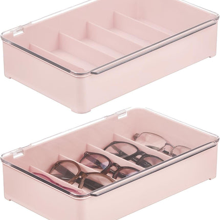 Plastic Stackable Eyeglass Case Storage Organizer with Hinged Lid for Unisex Sunglasses, Reading Glasses, Fashion Eye Wear, Protective Glasses, 5 Sections, Ligne Collection, 2 Pack, Light Pink.