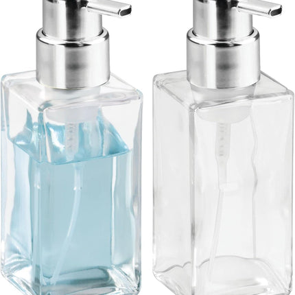 Glass Refillable Foaming Hand Soap Dispenser Modern Square Pump Bottle for Bathroom Vanities or Kitchen Sink, Countertops - 2 Pack - Clear/Chrome