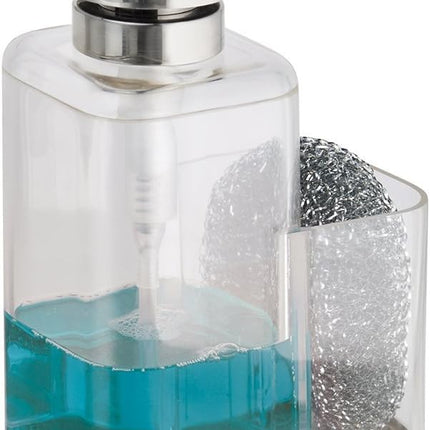 Modern Plastic Kitchen Sink Countertop Liquid Hand Soap Dispenser Pump Bottle Caddy with Storage Compartment - Holds and Stores Sponges, Scrubbers and Brushes - Clear/Brushed.