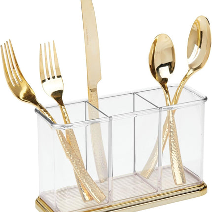 Plastic Cutlery Utensil Holder Storage Organizer Caddy for Kitchen Countertop Organization - Holds Fork, Knife, Spoon, Silverware - 3 Divided Sections - Hyde Collection - Clear/Soft Brass.