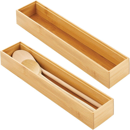 Slim Wooden Bamboo Drawer Organizer - 15" Long Stackable Storage Box Tray for Kitchen Drawers/Cabinet - Utensil, Silverware, Spatula, Flatware Holder - Echo Collection, 2 Pack, Natural Wood.