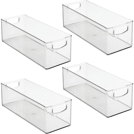 Plastic Stackable Kitchen Organizer - Storage Bin with Handles for Refrigerator, Freezer, Cabinet, and Pantry Shelves Organization - Food Container - Ligne Collection - 4 Pack - Clear.