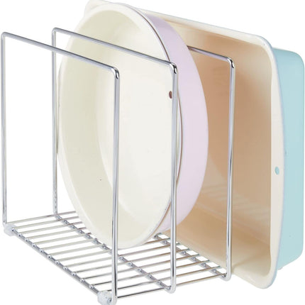 3 Slot Tray and Pan Rack — Metal Wire Rack for Pantry and Kitchen Storage — Freestanding Pan Lid Holder Also for Baking Trays and Crockery – Silver.