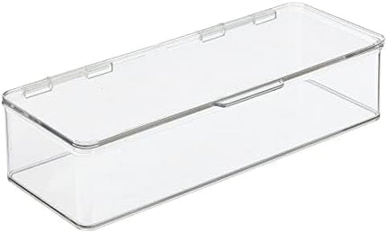 Long Plastic Kitchen Pantry/Fridge Storage Organizer Box Containers with Hinge Lid for Shelves or Cabinets, Holds Food, Snacks, Seasoning, Condiments, Flatware, Utensils, 2 Pack, Clear.