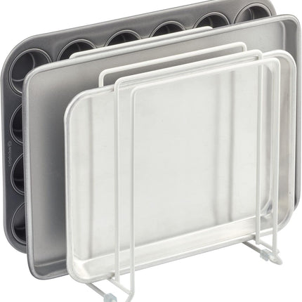 X-Large Steel Storage Tray Organizer Rack for Kitchen Cabinet - Divided Holder with 5 Slots for Skillets, Frying Pan, Pot Lids, Cutting Board, Baking Sheets - Concerto Collection - White.