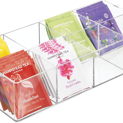Plastic Condiment Organizer and Tea Bag Holder - 8-Compartment Kitchen Pantry/Countertop Storage Caddy - Divided Chip, Snack, Oatmeal Packet Holder - Lumiere Collection - Clear.