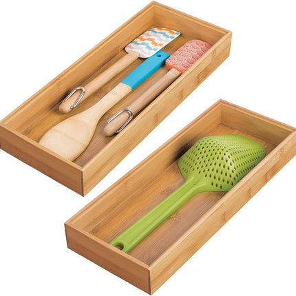 Wooden Bamboo Drawer Organizer - 15" Long Stackable Storage Box Tray for Kitchen Drawers/Cabinet - Utensil, Silverware, Spatula, and Flatware Holder - Echo Collection - 2 Pack, Natural Wood.