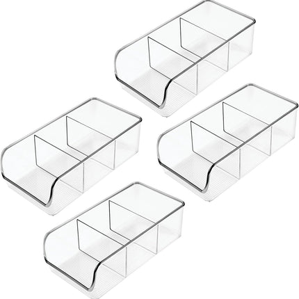 Plastic Food Storage Bin Organizer with 3 Compartments for Kitchen Cabinet, Pantry, Shelf, Drawer, Fridge, Freezer Organization - Holds Snack Bars - Ligne Collection - 4 Pack - Clear.