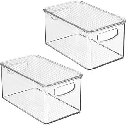 Plastic Deep Storage Bin Box Container with Lid and Built-In Handles - Organization for Fruit, Snacks, or Food in Kitchen Pantry, Cabinet, or Cupboard, Ligne Collection, 2 Pack, Clear.