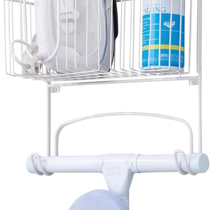 Wall Mounted Ironing Board Holder - Steel Ironing Board Rack for Easy Organisation - Includes Basket for Iron Storage - White.